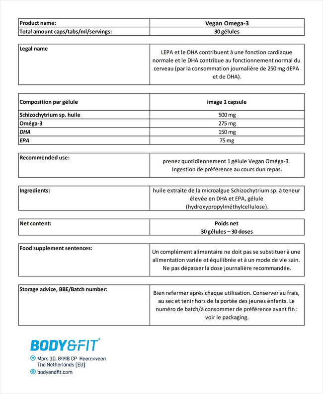 Gélules d’oméga-3 végétaliennes Vegan Omega-3 Nutritional Information 1