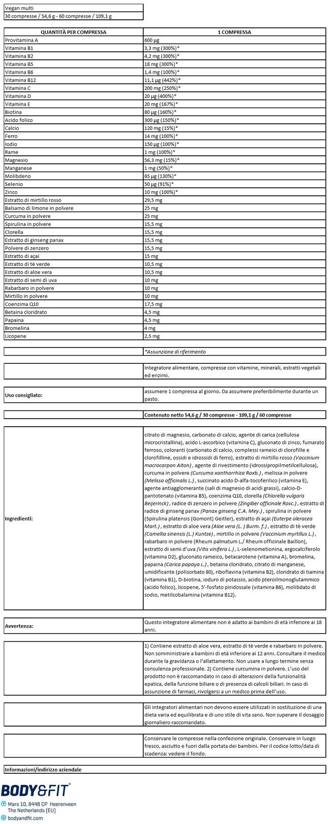 Multivitaminico Vegano Nutritional Information 1