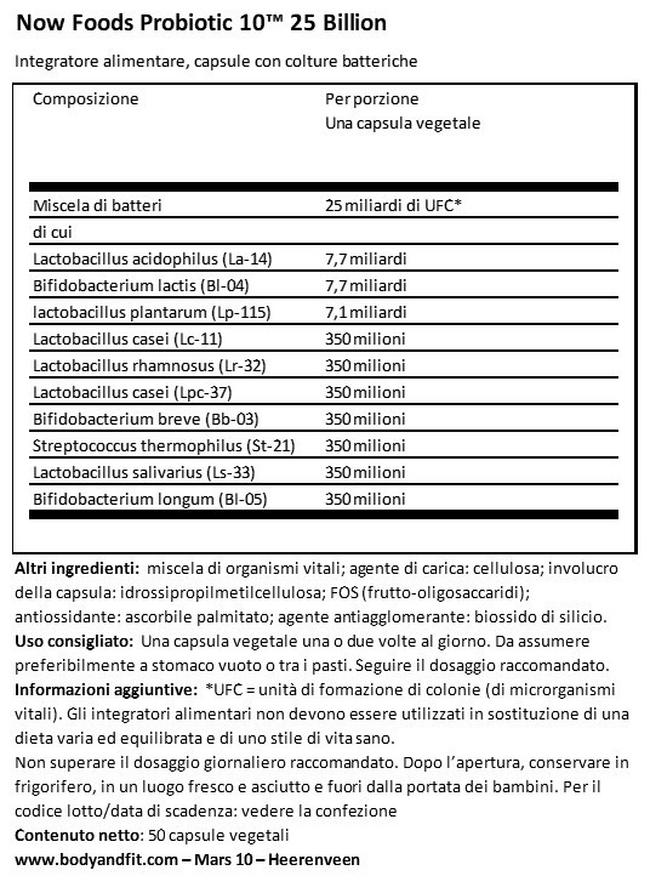 Probiotic 10™ 25 Billion Nutritional Information 1