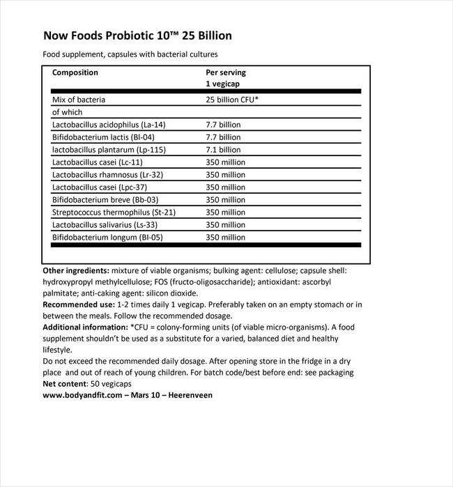 プロバイオティック10™ 250億 Nutritional Information 1