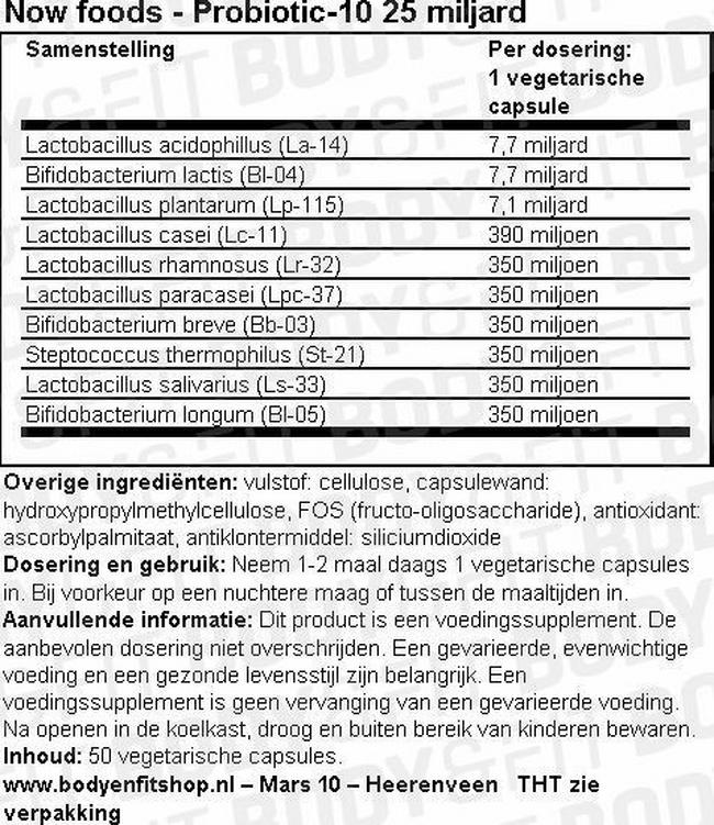 Probiotic 10™ 25 Miljard Nutritional Information 1