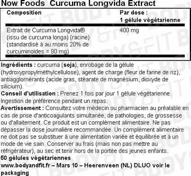 Extrait de Curcuma Longvida Nutritional Information 1