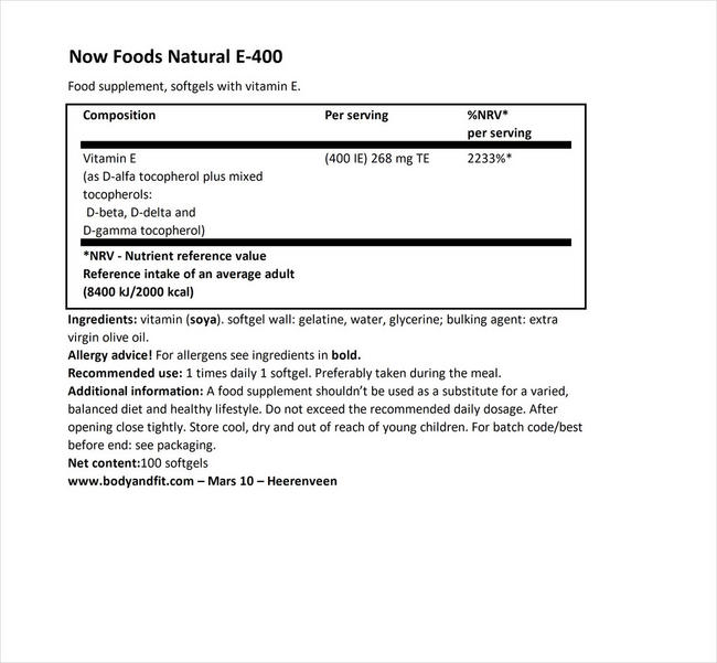 ナチュラルビタミンE 400 Nutritional Information 1