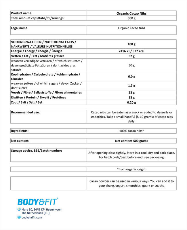 Organic cacao nibs Nutritional Information 1