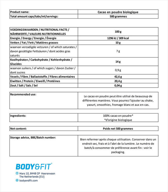 Cacoa Poeder Biologisch Nutritional Information 1