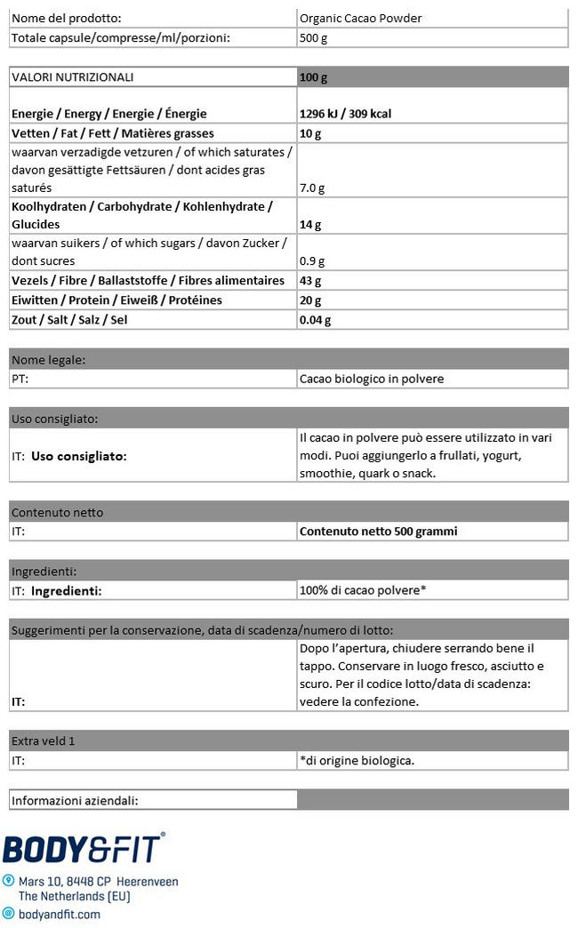 Cacao in Polvere Nutritional Information 1