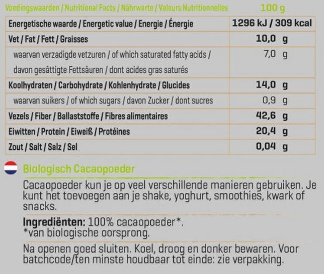 Cacoa Poeder Biologisch Nutritional Information 1