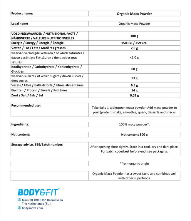 Maca Powder Organic Nutritional Information 1