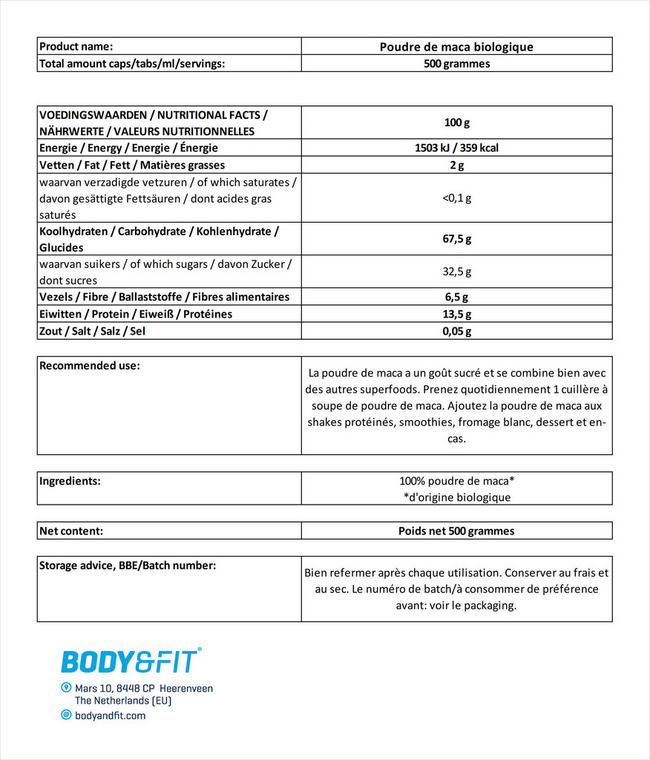 Poudre de maca bio Maca Powder Nutritional Information 1