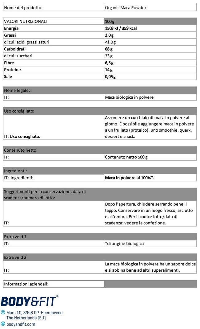 Polvere Maca Bio Nutritional Information 1