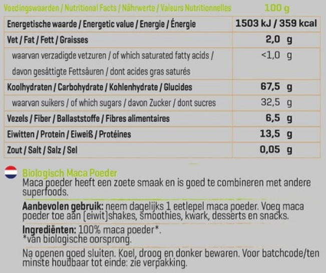 Maca Poeder Biologisch Nutritional Information 1