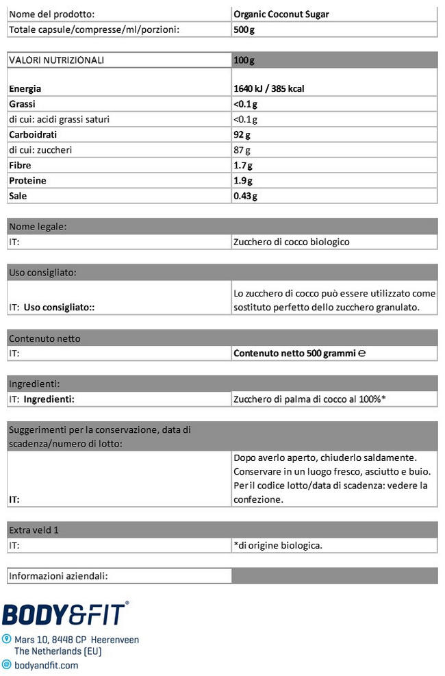 Zucchero di Cocco Bio Nutritional Information 1