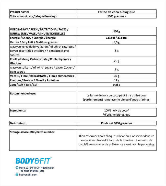 Farine de coco biologique Nutritional Information 1