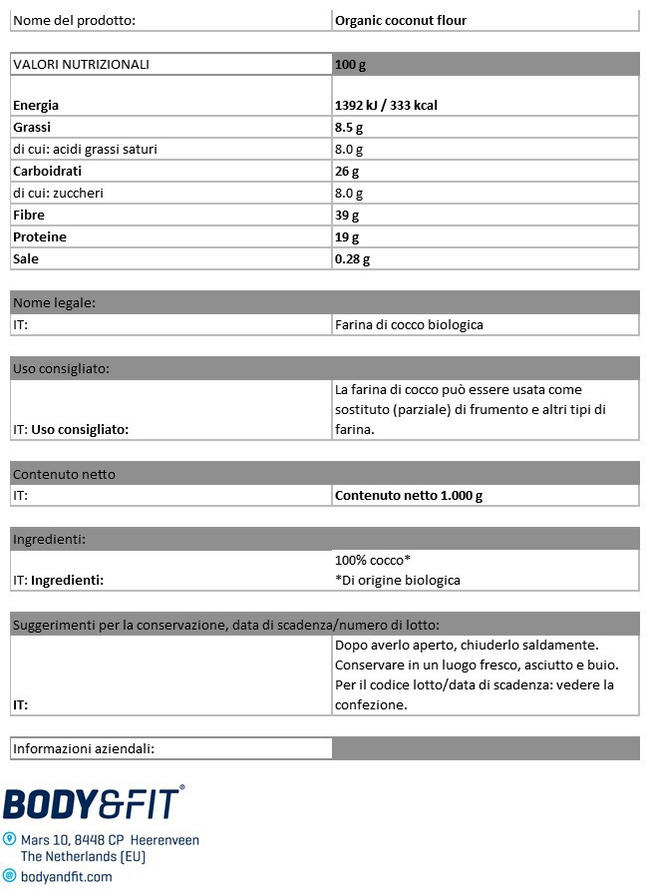 Farina di Cocco Biologica Nutritional Information 1