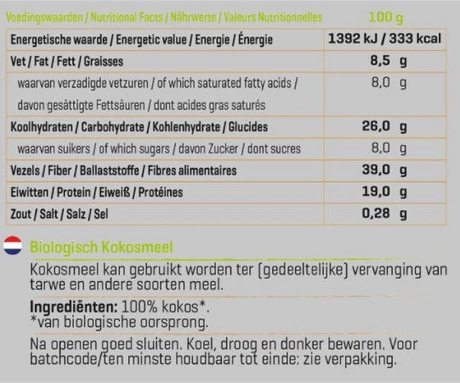 Kokosmeel Biologisch Nutritional Information 1