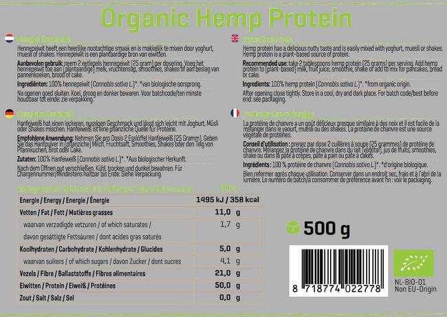 Protéines de chanvre bio Hemp Protein Organic Nutritional Information 1