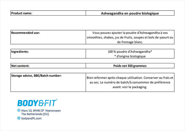 Ashwagandha en poudre biologique Nutritional Information 1