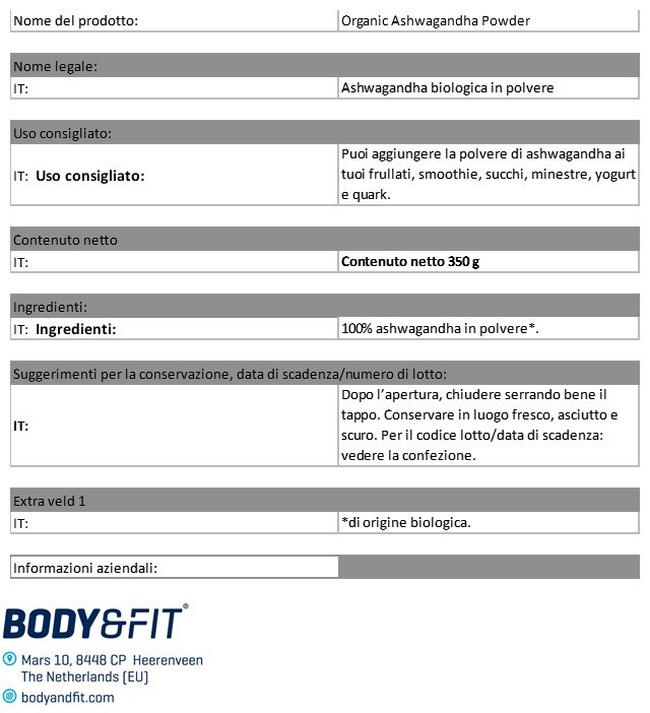 Polvere di Ashwagandha Bio Nutritional Information 1