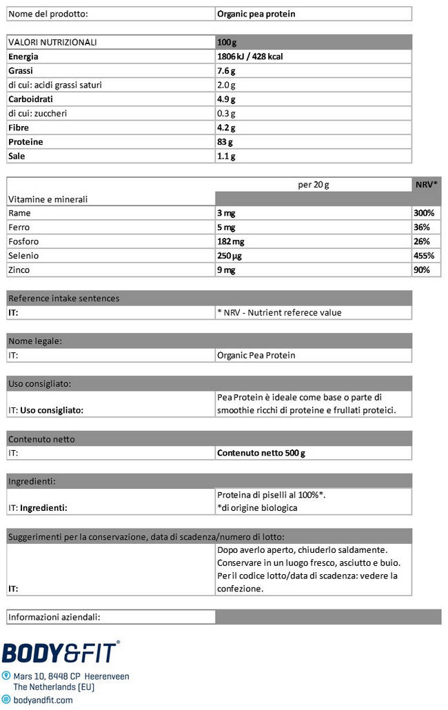 Proteine dei Piselli Bio Nutritional Information 1