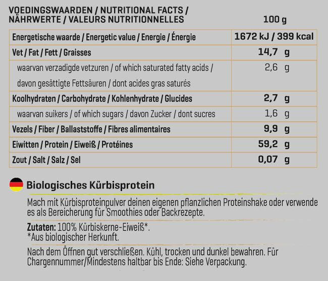 Biologisches Kürbiskernprotein Nutritional Information 1