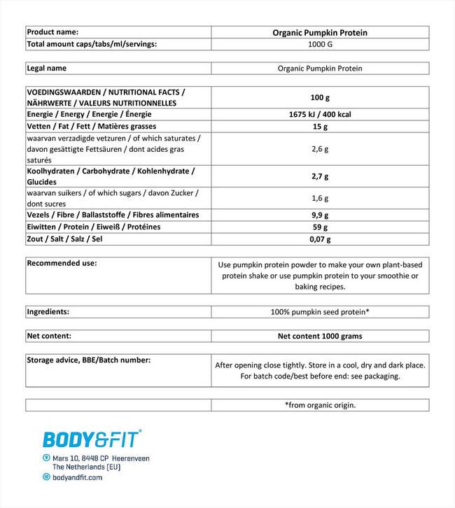 Pumpkin Protein Organic Nutritional Information 1