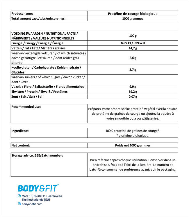 Protéines de citrouille bio Nutritional Information 1