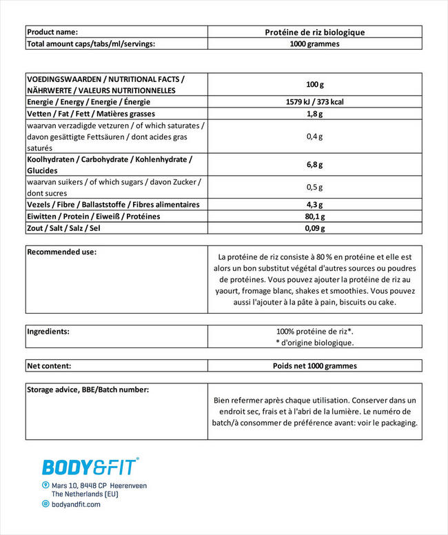 Protéine de riz biologique Nutritional Information 1