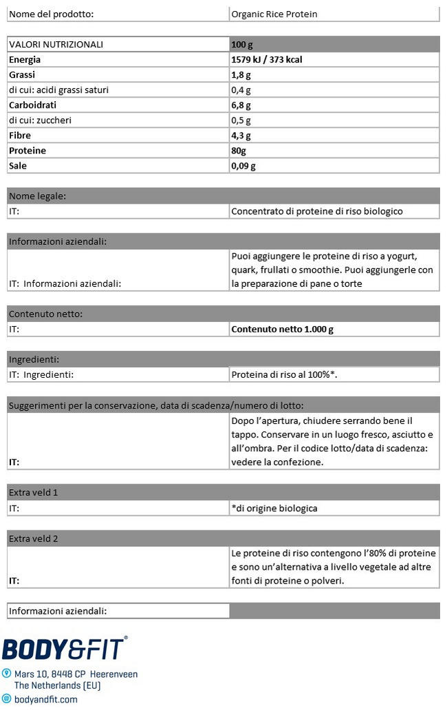 Proteine del Riso Bio Nutritional Information 1
