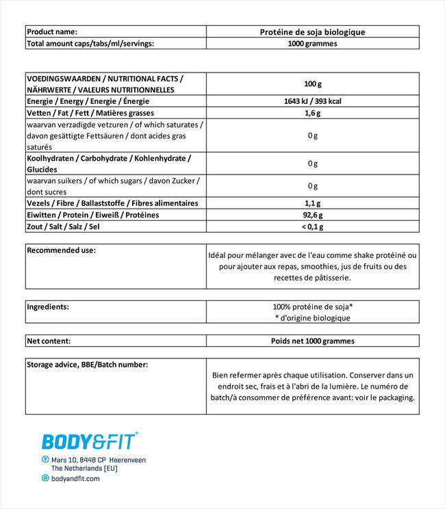 Protéine de soja biologique Nutritional Information 1