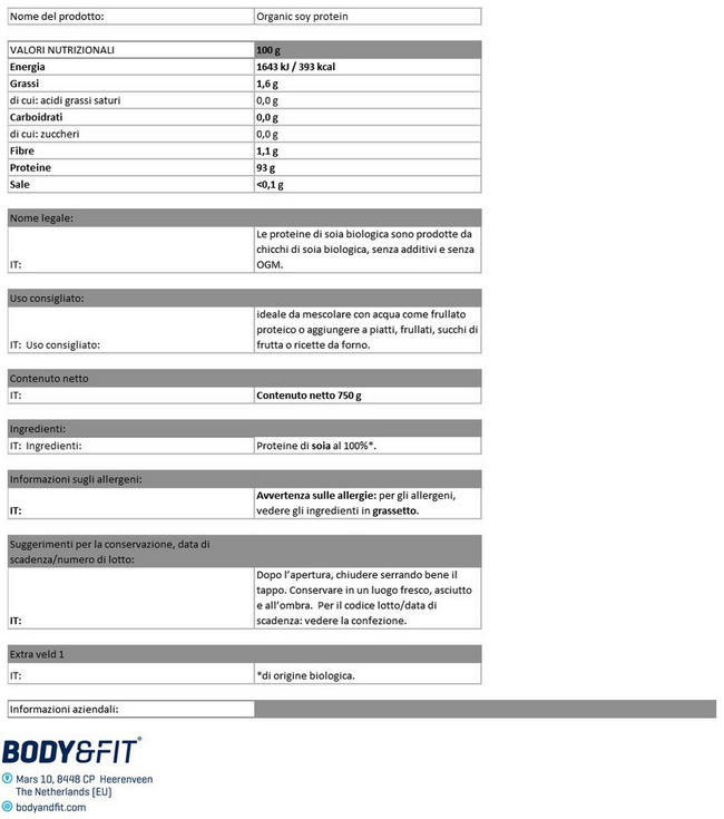 Proteine della Soia Bio Nutritional Information 1