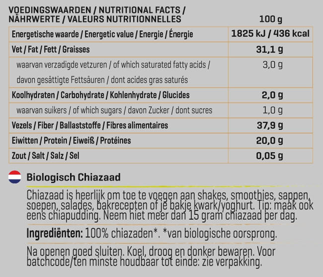 Chiazaad Biologisch Nutritional Information 1