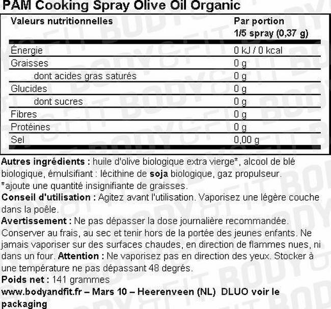Spray de cuisson Olive Oil Sooking Spray Nutritional Information 1