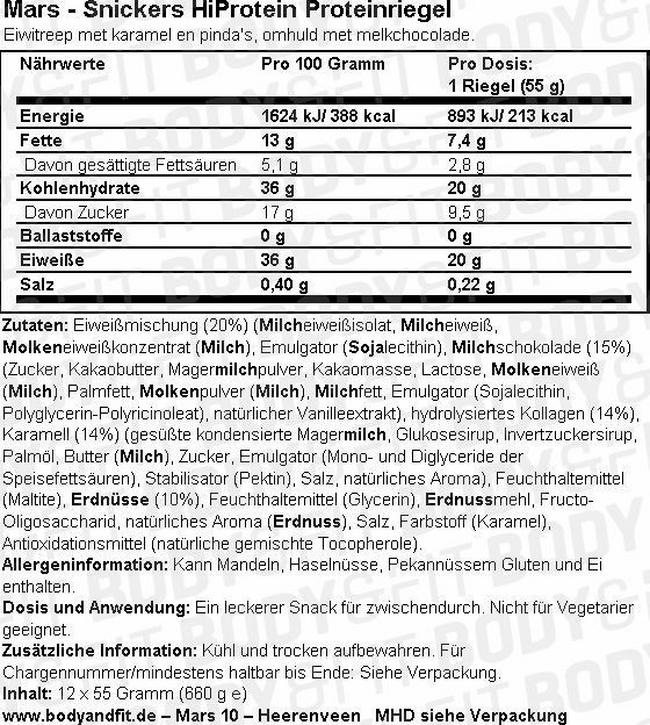 Snickers Hiprotein Proteinriegel - Box (12X55g) Nutritional Information 1