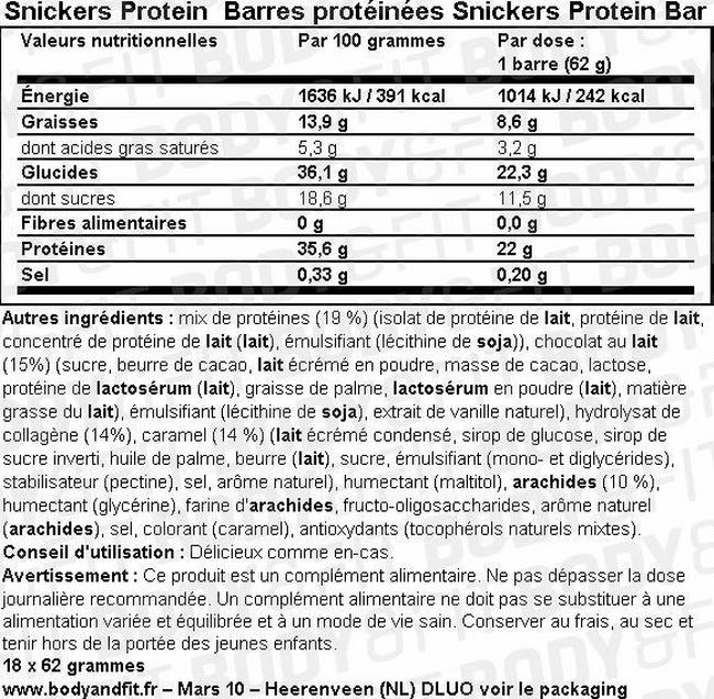 Barres protéinées Snickers Protein Bars Nutritional Information 1