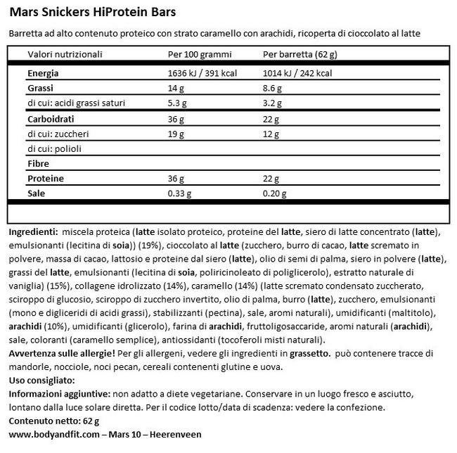 Snickers HiProtein Bar Nutritional Information 1
