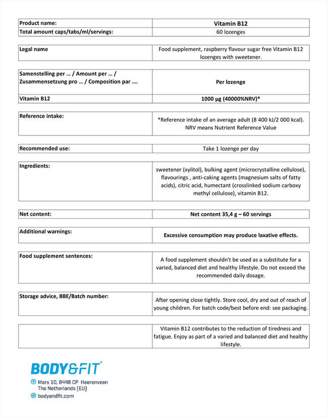 Vitamin B12 - lozenges Nutritional Information 1