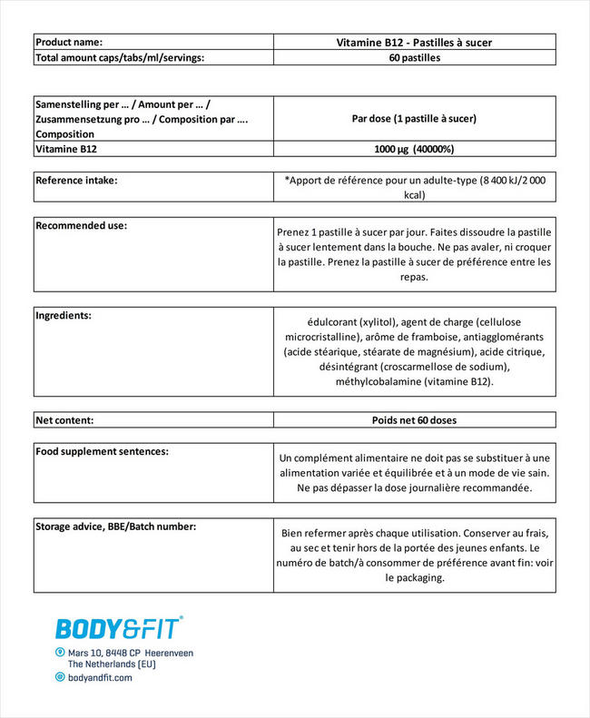 Vitamine B12 - Pastilles à sucer Nutritional Information 1