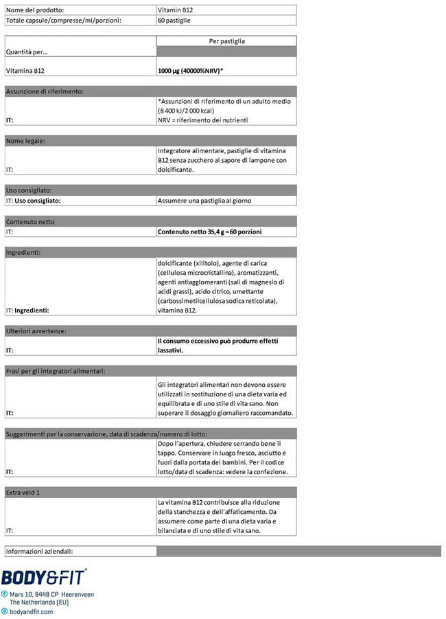 Vitamine B12 - pastiglie Nutritional Information 1