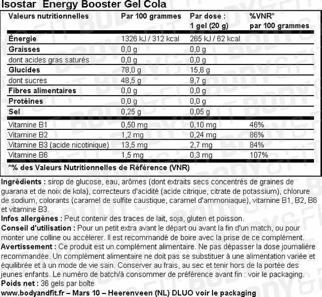 Gel booster d’énergie au cola Energy Booster Gel Cola Nutritional Information 1