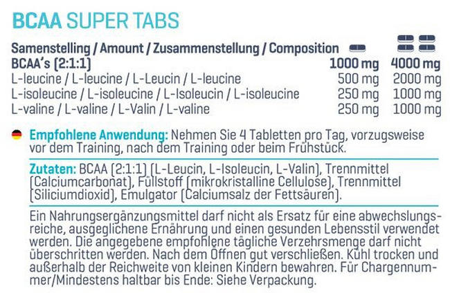 BCAA Super Tabs Nutritional Information 1