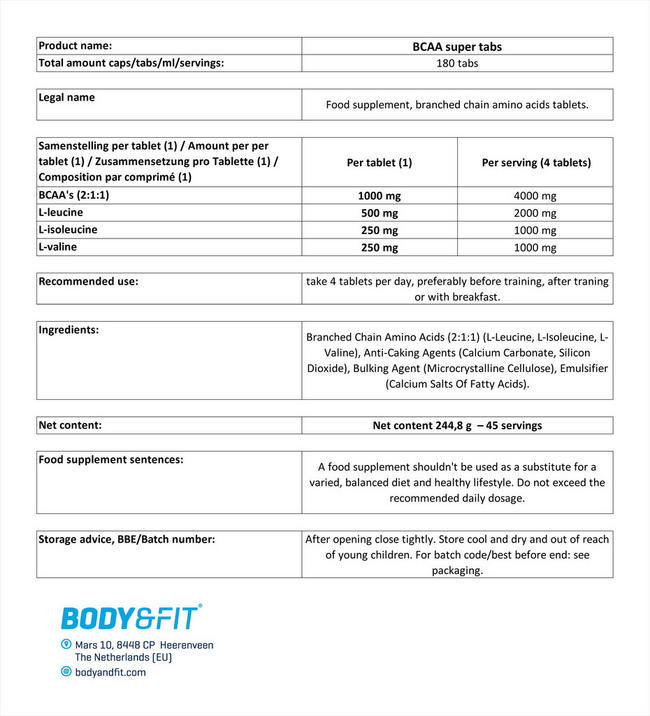 BCAA Super Tabs Nutritional Information 1