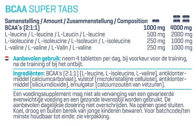 BCAA Super Tabs Nutritional Information 1