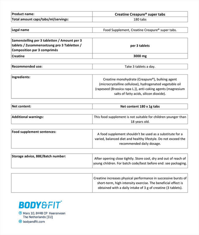 Creatine Creapure® Super Tabs Nutritional Information 1