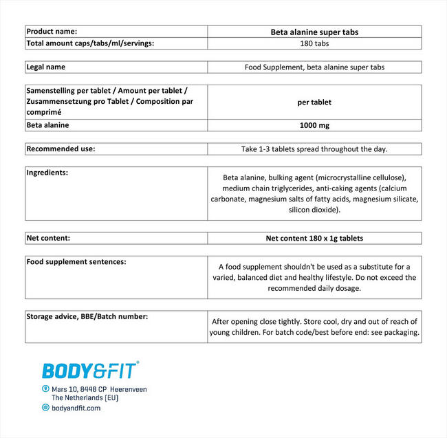 Beta Alanine Super tabs Nutritional Information 1