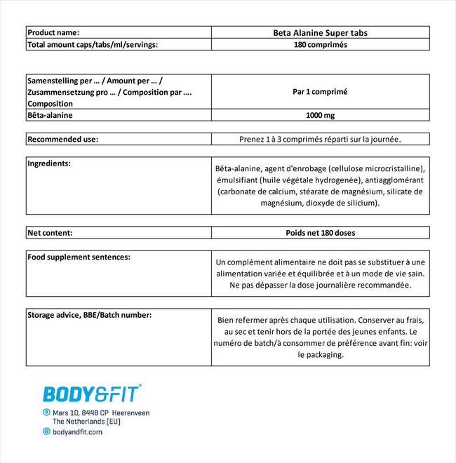 Comprimés Beta Alanine Super Tabs Nutritional Information 1