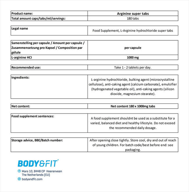 L-Arginine Super Tabs Nutritional Information 1