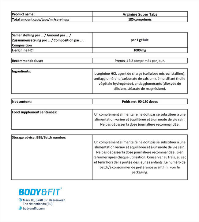 Super comprimés de L-arginine Nutritional Information 1