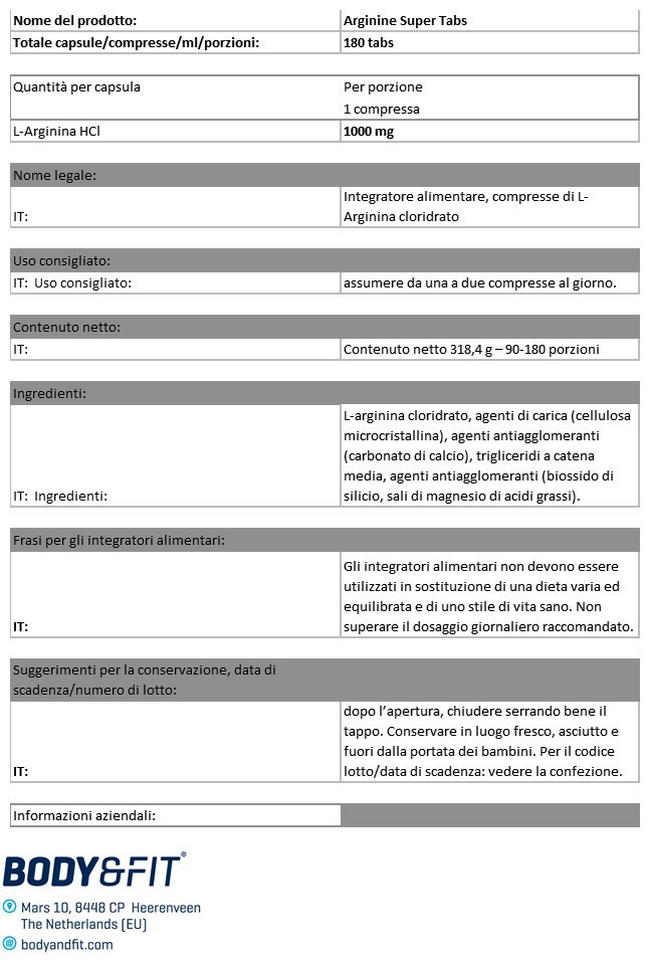 L-Arginine Super Tabs Nutritional Information 1