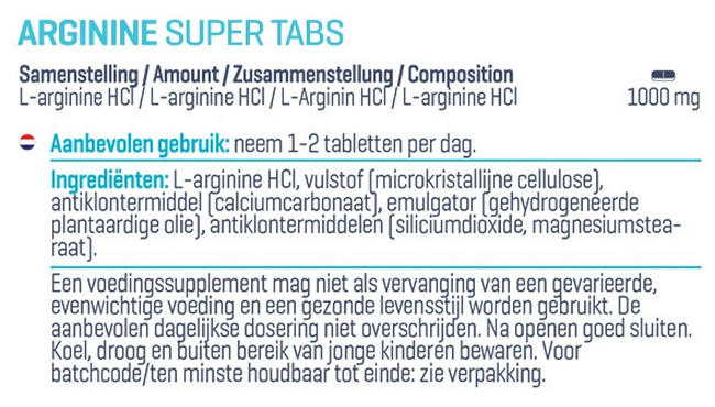 L-Arginine Super Tabs Nutritional Information 1