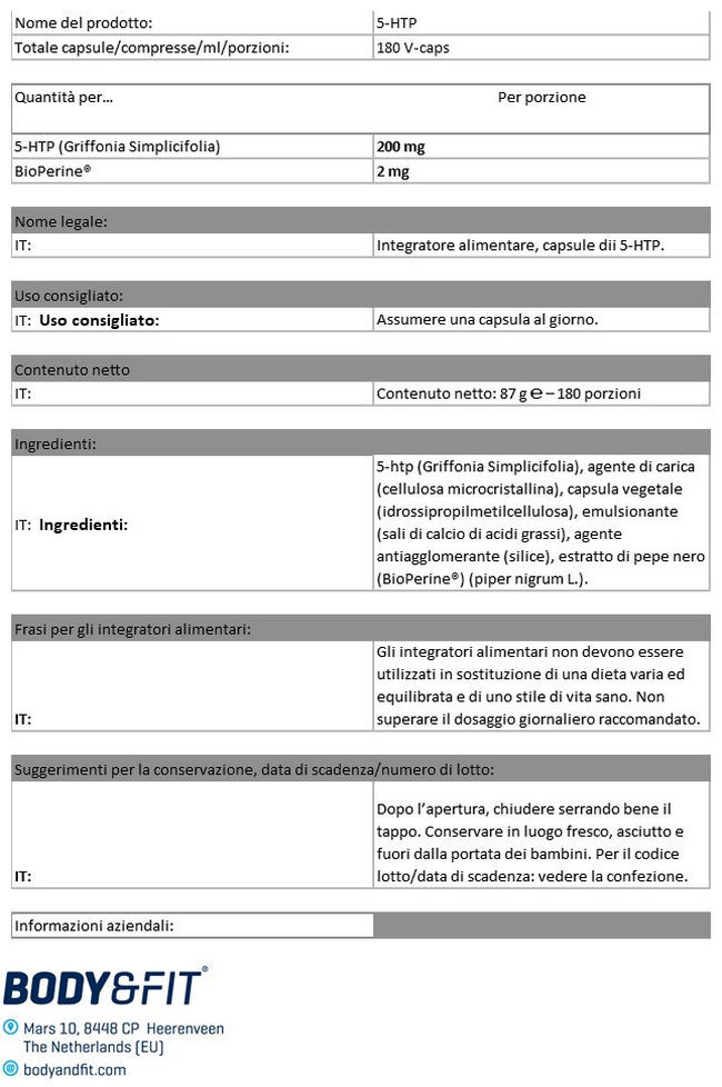 5-HTP 100 mg Nutritional Information 1